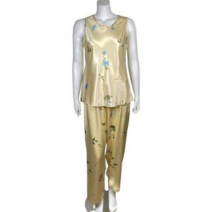 Jones New York Floral Satin Pajama Set Womens L Sleeveless Top Pull On Pants